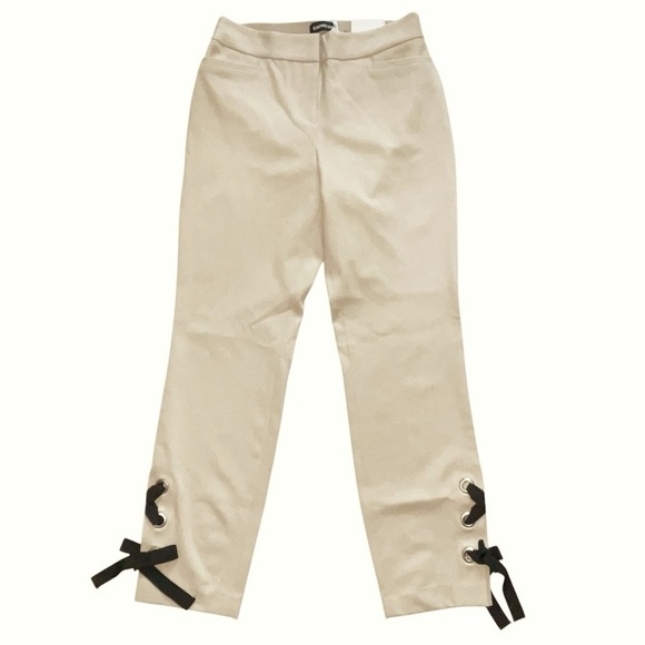NWT Express Cream Ankle Pant Lace Up Detail XS Stretch Slim Straight Leg - Picture 2 of 7